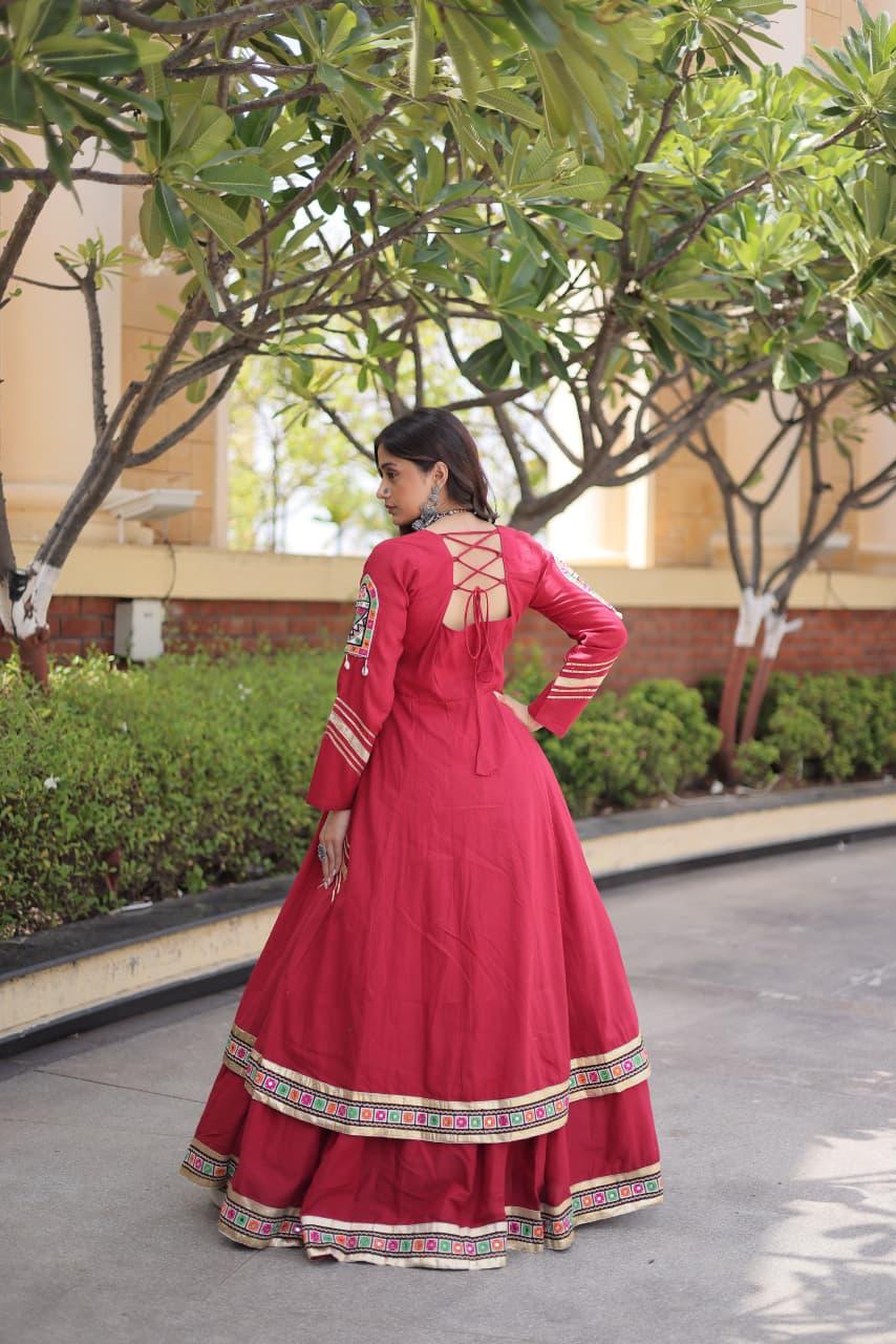 Red Kora Cotton Navratri Lehenga Choli with Gamthi & Real Mirror Work