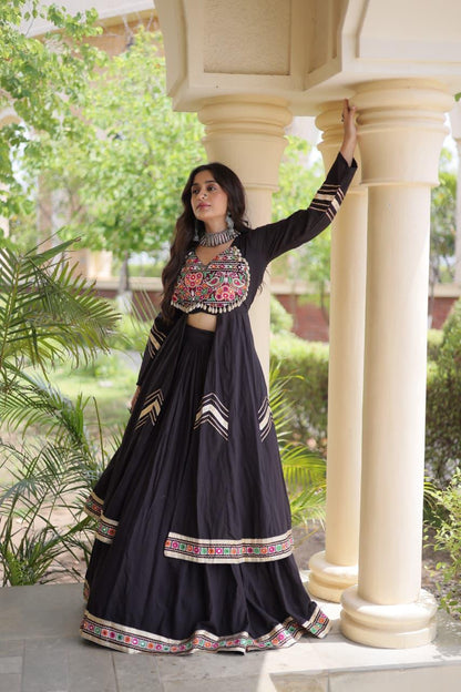 Black Kora Cotton Navratri Lehenga Choli with Gamthi & Real Mirror Work