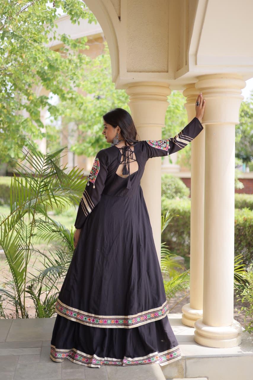 Purple Kora Cotton Navratri Lehenga Choli with Gamthi & Real Mirror Work