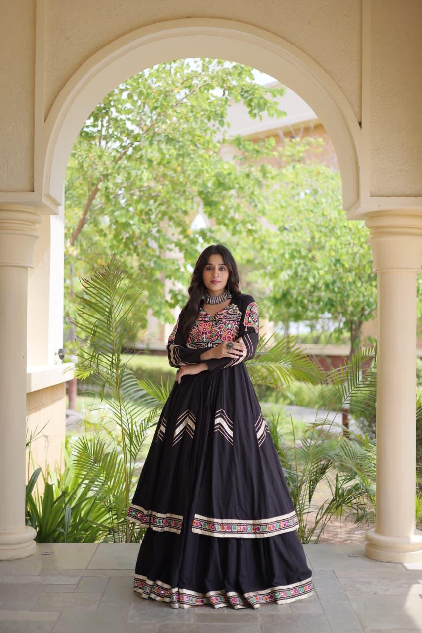 Black Kora Cotton Navratri Lehenga Choli with Gamthi & Real Mirror Work