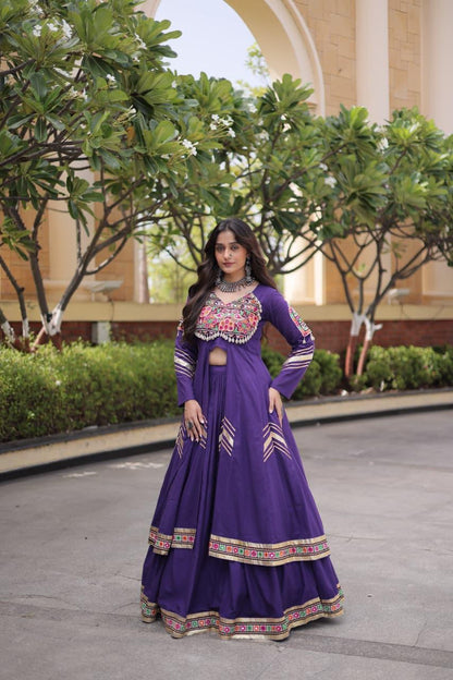 Purple Kora Cotton Navratri Lehenga Choli with Gamthi & Real Mirror Work
