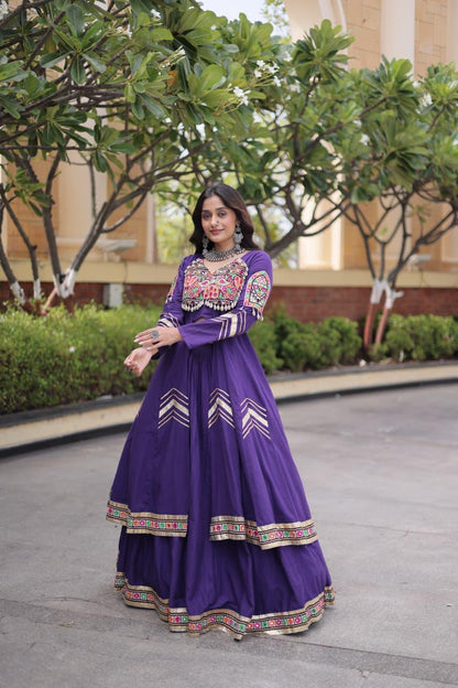 Purple Kora Cotton Navratri Lehenga Choli with Gamthi & Real Mirror Work