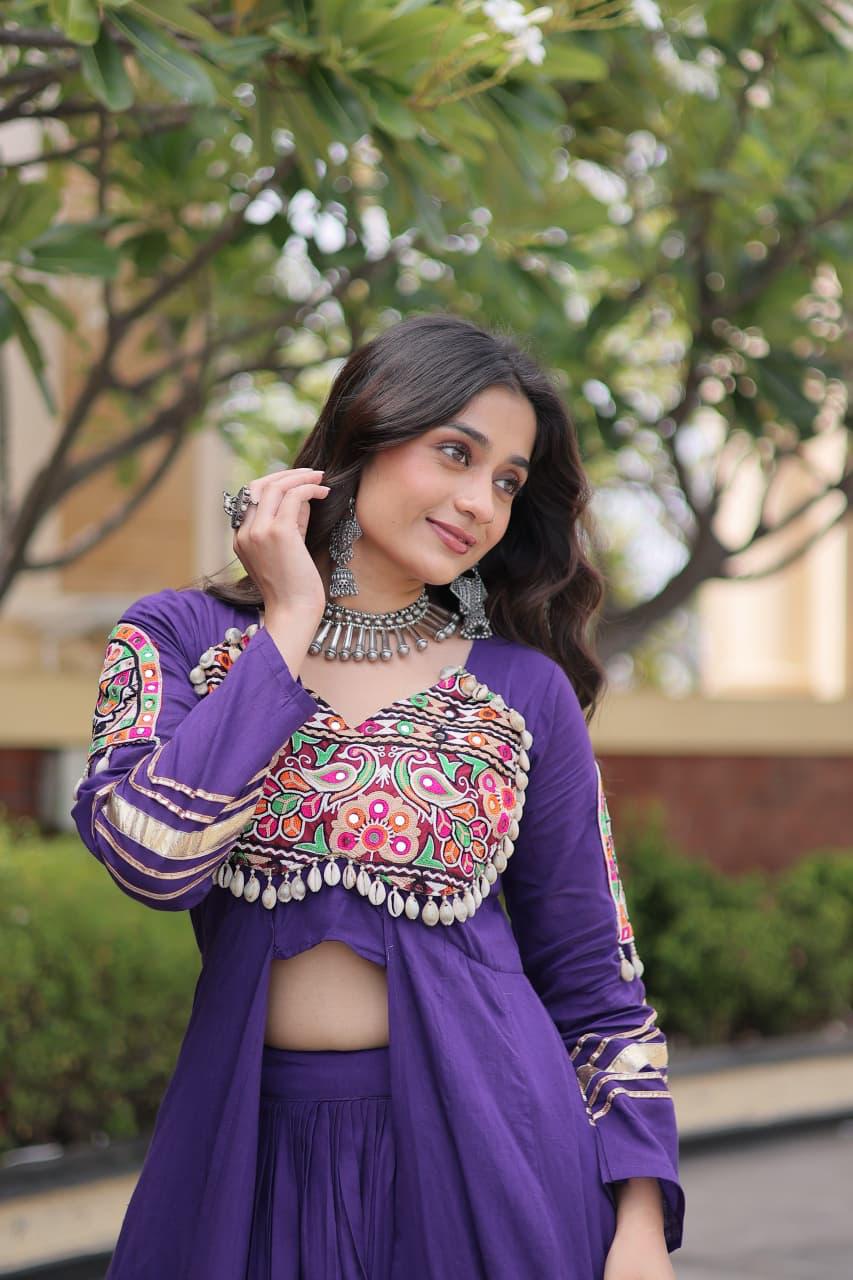 Purple Kora Cotton Navratri Lehenga Choli with Gamthi & Real Mirror Work