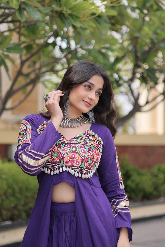 Purple Kora Cotton Navratri Lehenga Choli with Gamthi & Real Mirror Work