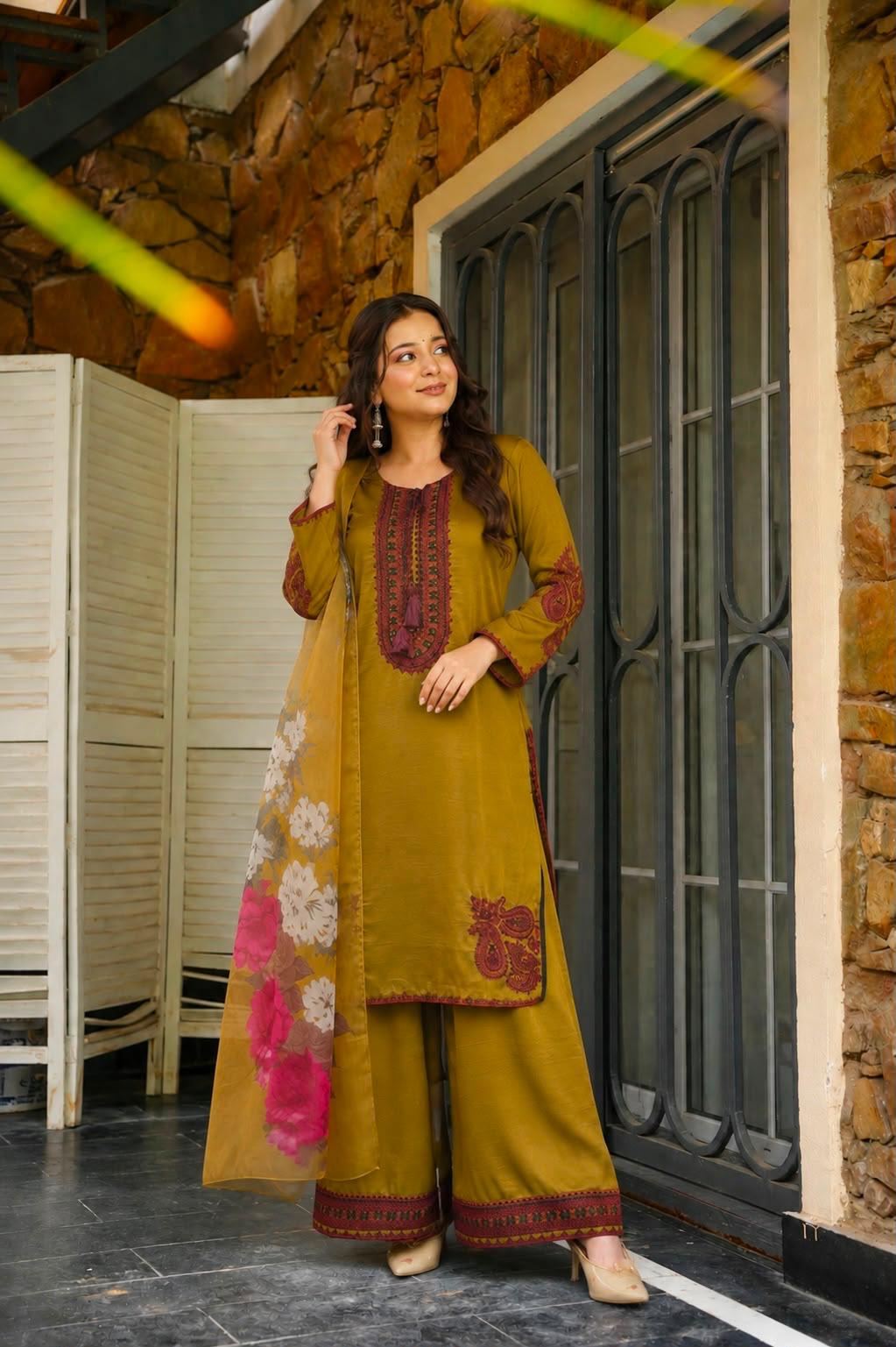 Mustard Yellow Maska Cotton Embroidered Pakistani Farsi Salwar Kurta Set
