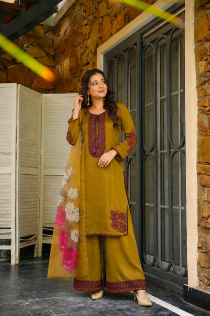 Mustard Yellow Maska Cotton Embroidered Pakistani Farsi Salwar Kurta Set