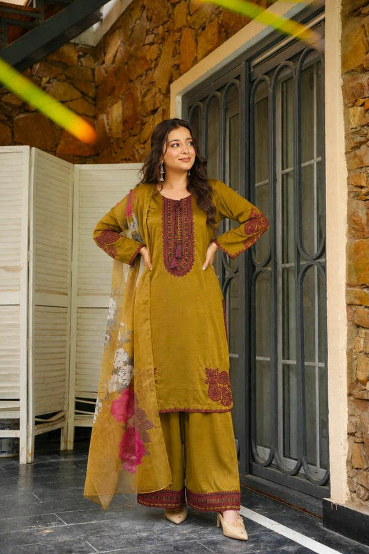 Mustard Yellow Maska Cotton Embroidered Pakistani Farsi Salwar Kurta Set