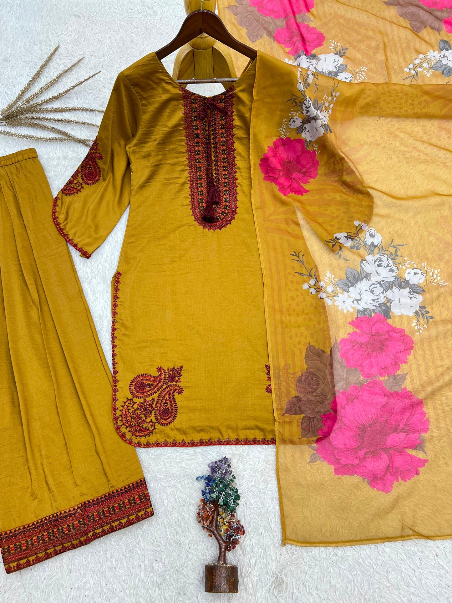 Mustard Yellow Maska Cotton Embroidered Pakistani Farsi Salwar Kurta Set