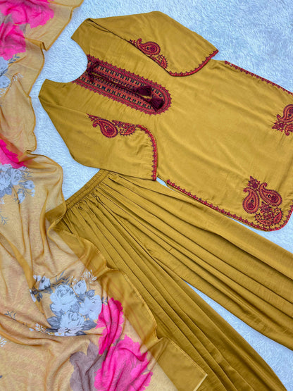 Mustard Yellow Maska Cotton Embroidered Pakistani Farsi Salwar Kurta Set