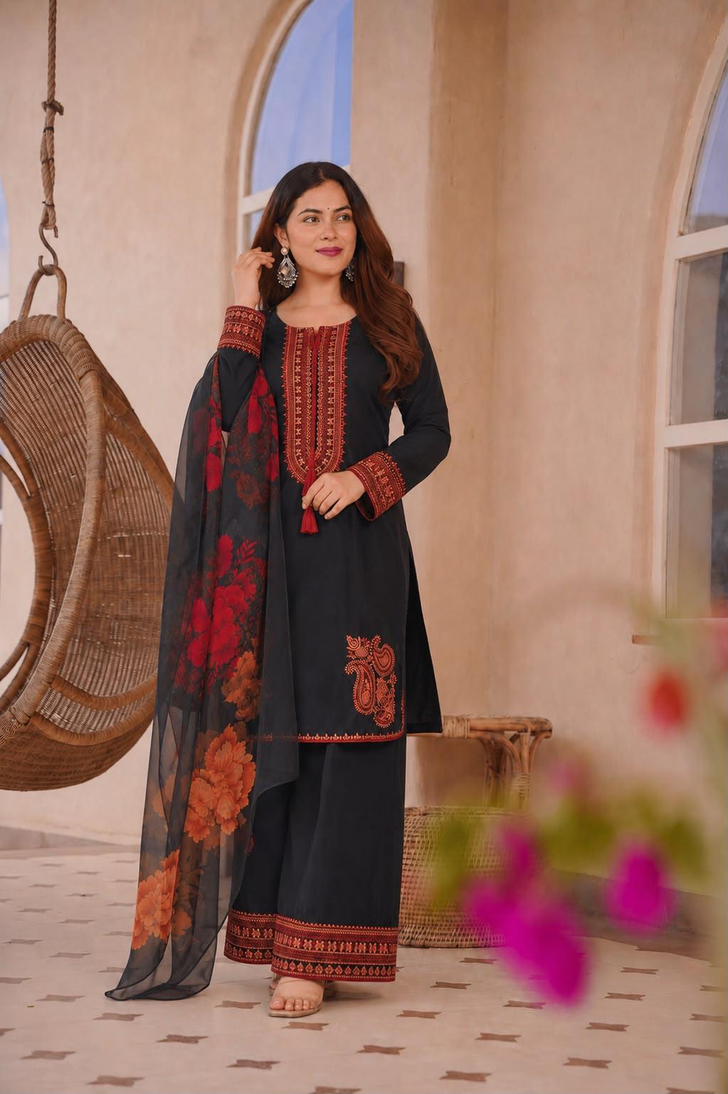 Black Maska Cotton Embroidered Pakistani Farsi Salwar Kurta Set