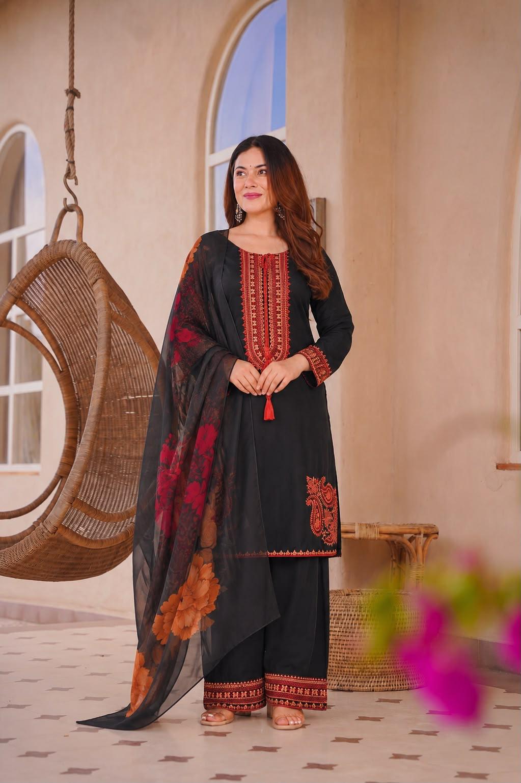 Black Maska Cotton Embroidered Pakistani Farsi Salwar Kurta Set