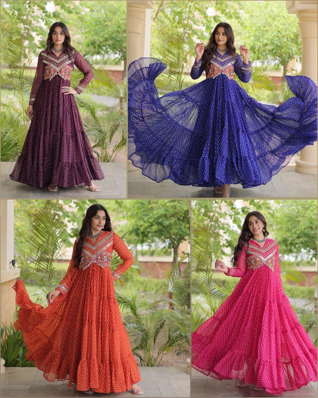 Wine Bandhani Kutchi Patchwork Navratri Gown – 12 Meter Flair