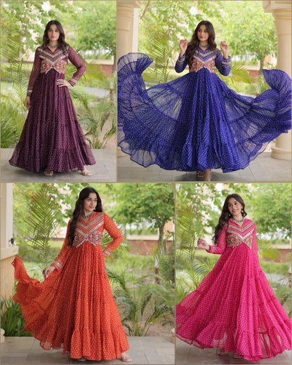 Wine Bandhani Kutchi Patchwork Navratri Gown – 12 Meter Flair
