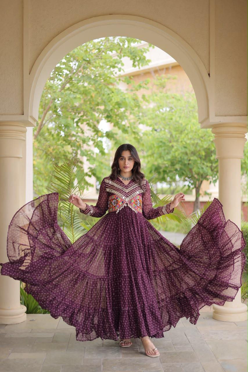 Wine Bandhani Kutchi Patchwork Navratri Gown – 12 Meter Flair