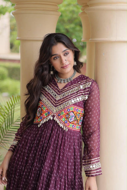 Wine Bandhani Kutchi Patchwork Navratri Gown – 12 Meter Flair