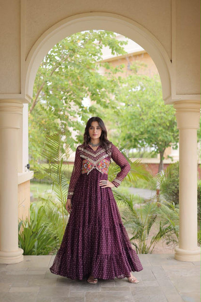 Wine Bandhani Kutchi Patchwork Navratri Gown – 12 Meter Flair