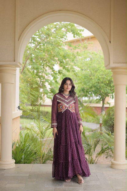 Wine Bandhani Kutchi Patchwork Navratri Gown – 12 Meter Flair