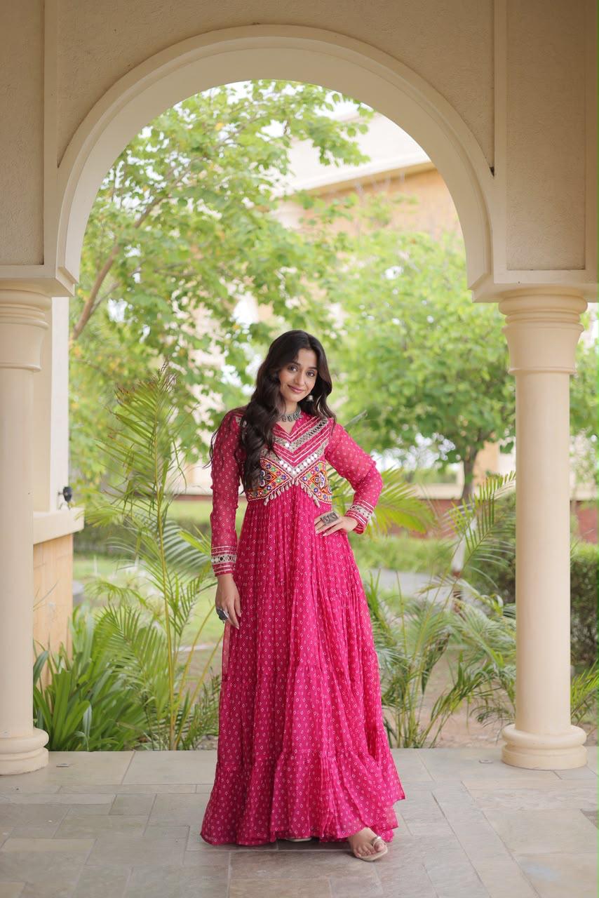 Pink Bandhani Kutchi Patchwork Navratri Gown – 12 Meter Flair
