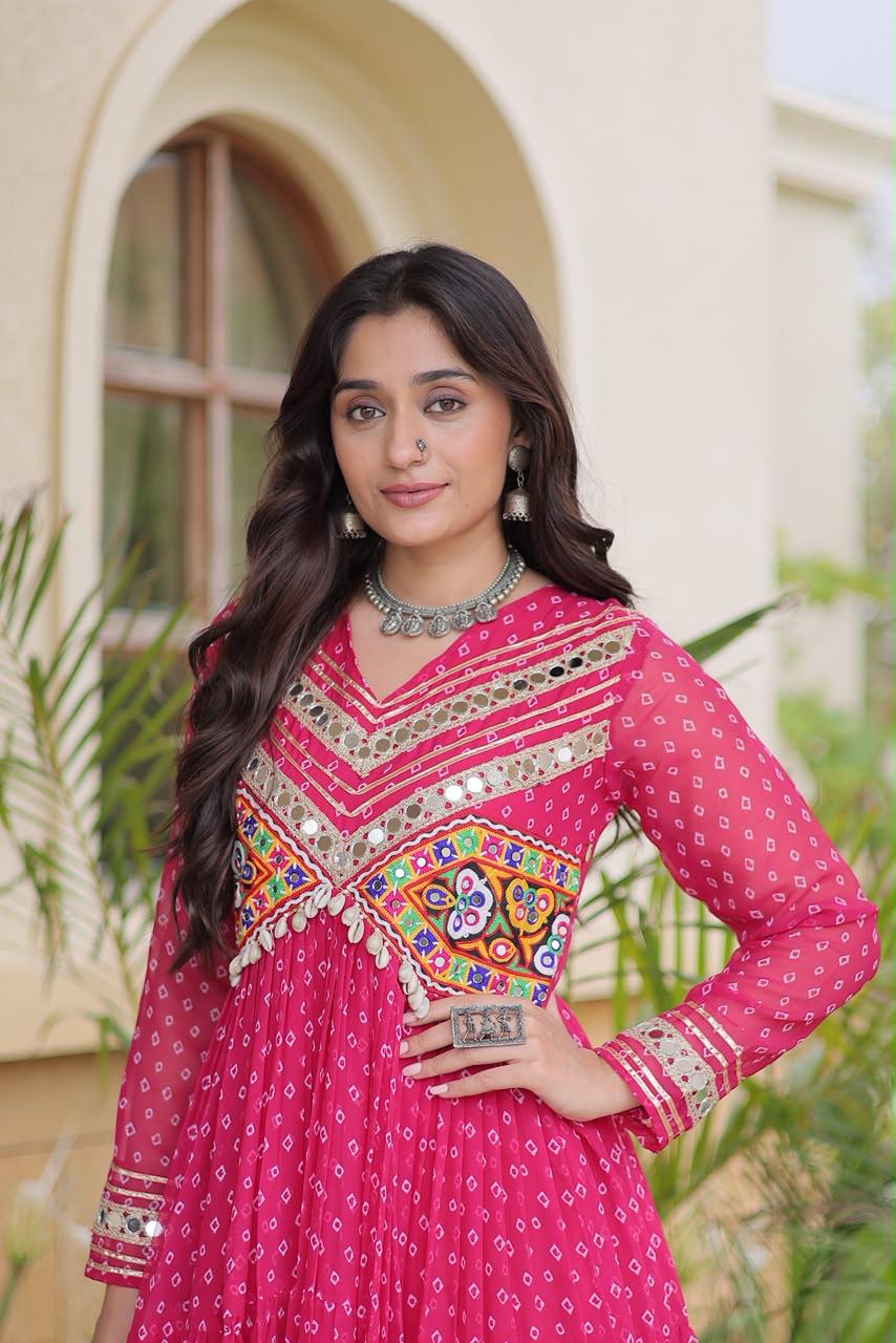 Pink Bandhani Kutchi Patchwork Navratri Gown – 12 Meter Flair