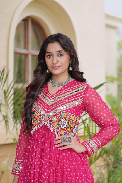 Pink Bandhani Kutchi Patchwork Navratri Gown – 12 Meter Flair