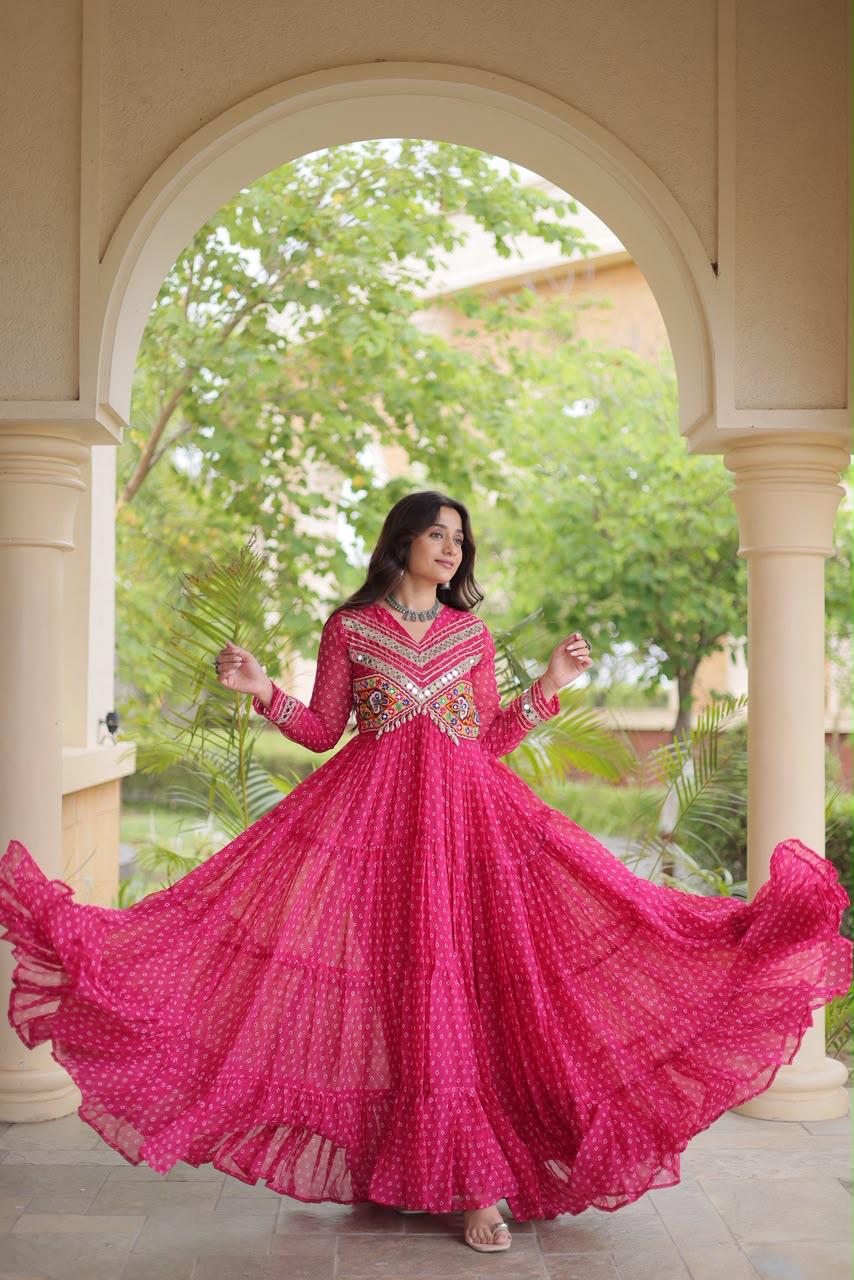 Pink Bandhani Kutchi Patchwork Navratri Gown – 12 Meter Flair