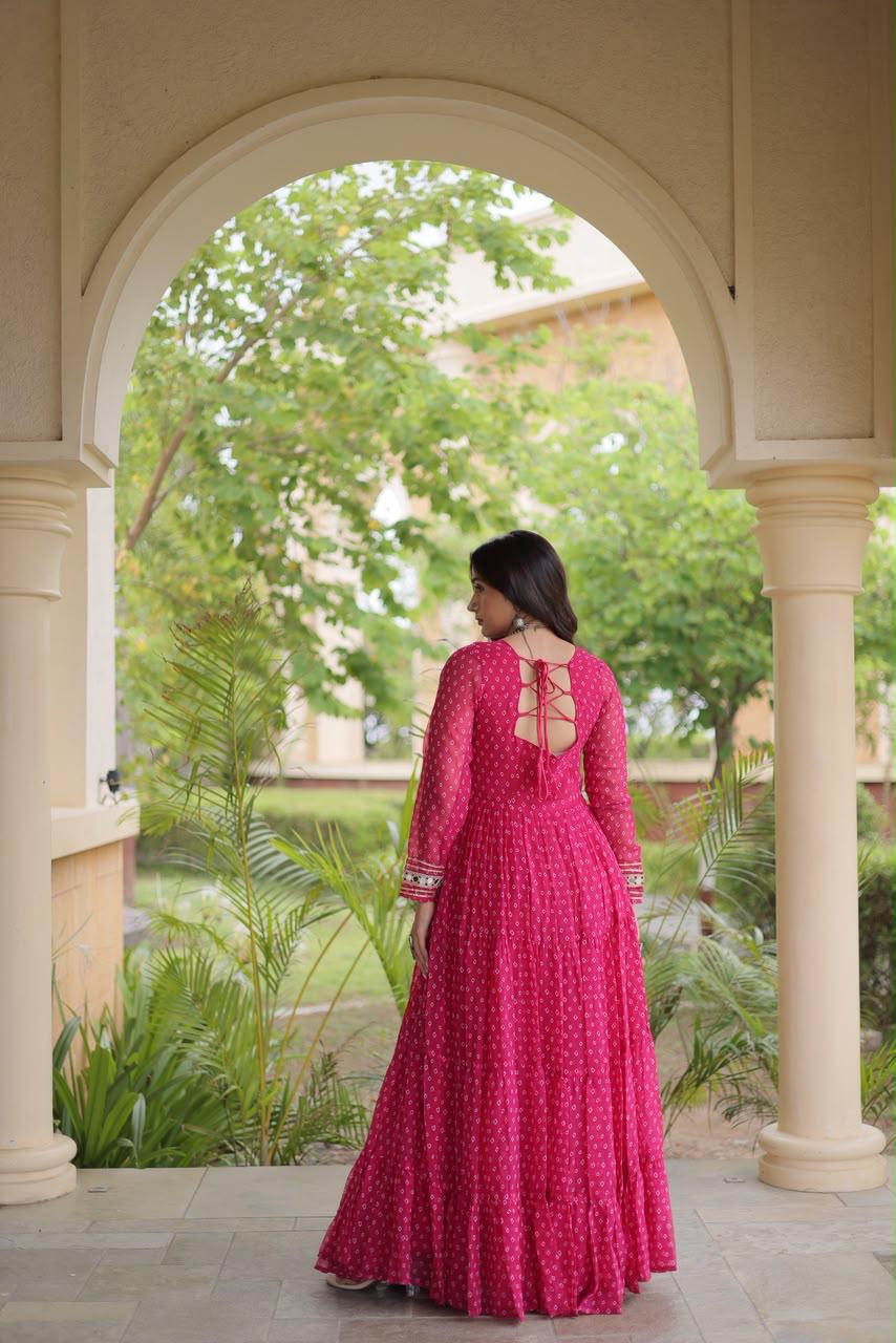 Pink Bandhani Kutchi Patchwork Navratri Gown – 12 Meter Flair