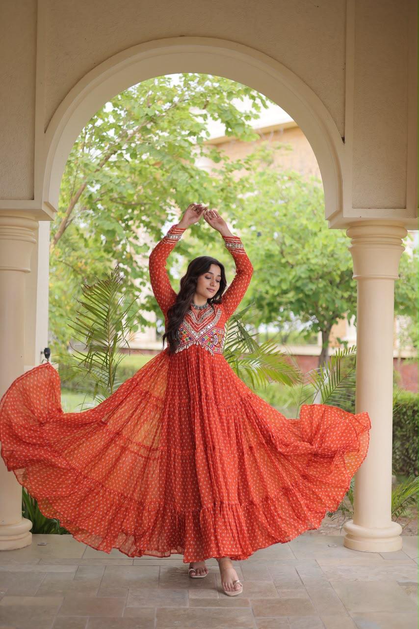 Orange Bandhani Kutchi Patchwork Navratri Gown – 12 Meter Flair