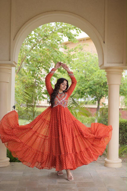 Orange Bandhani Kutchi Patchwork Navratri Gown – 12 Meter Flair