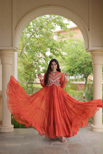 Orange Bandhani Kutchi Patchwork Navratri Gown – 12 Meter Flair