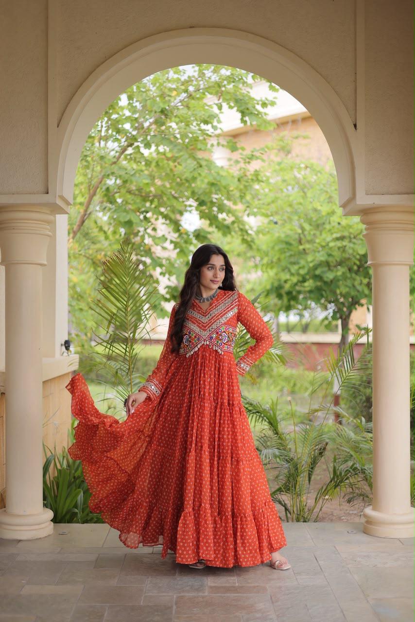 Orange Bandhani Kutchi Patchwork Navratri Gown – 12 Meter Flair