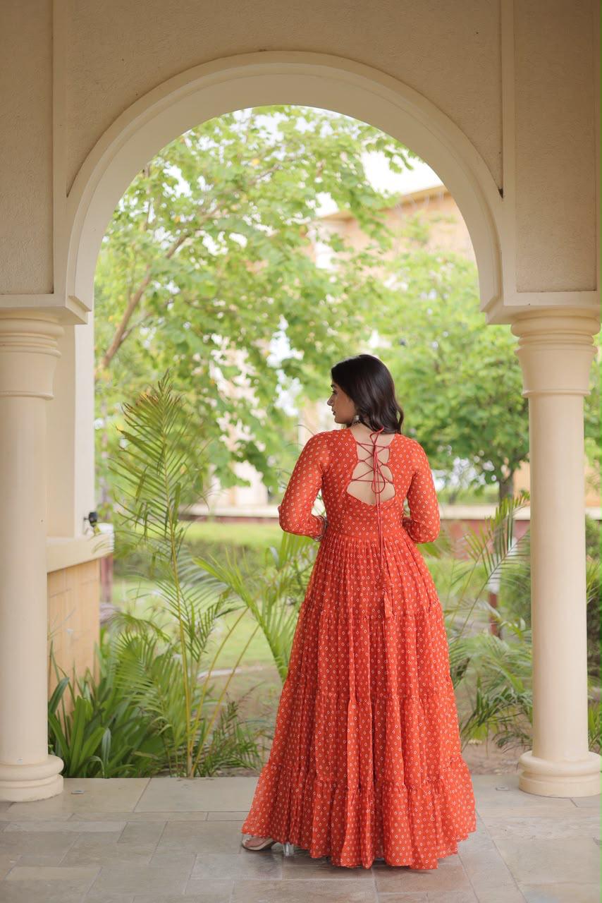 Orange Bandhani Kutchi Patchwork Navratri Gown – 12 Meter Flair