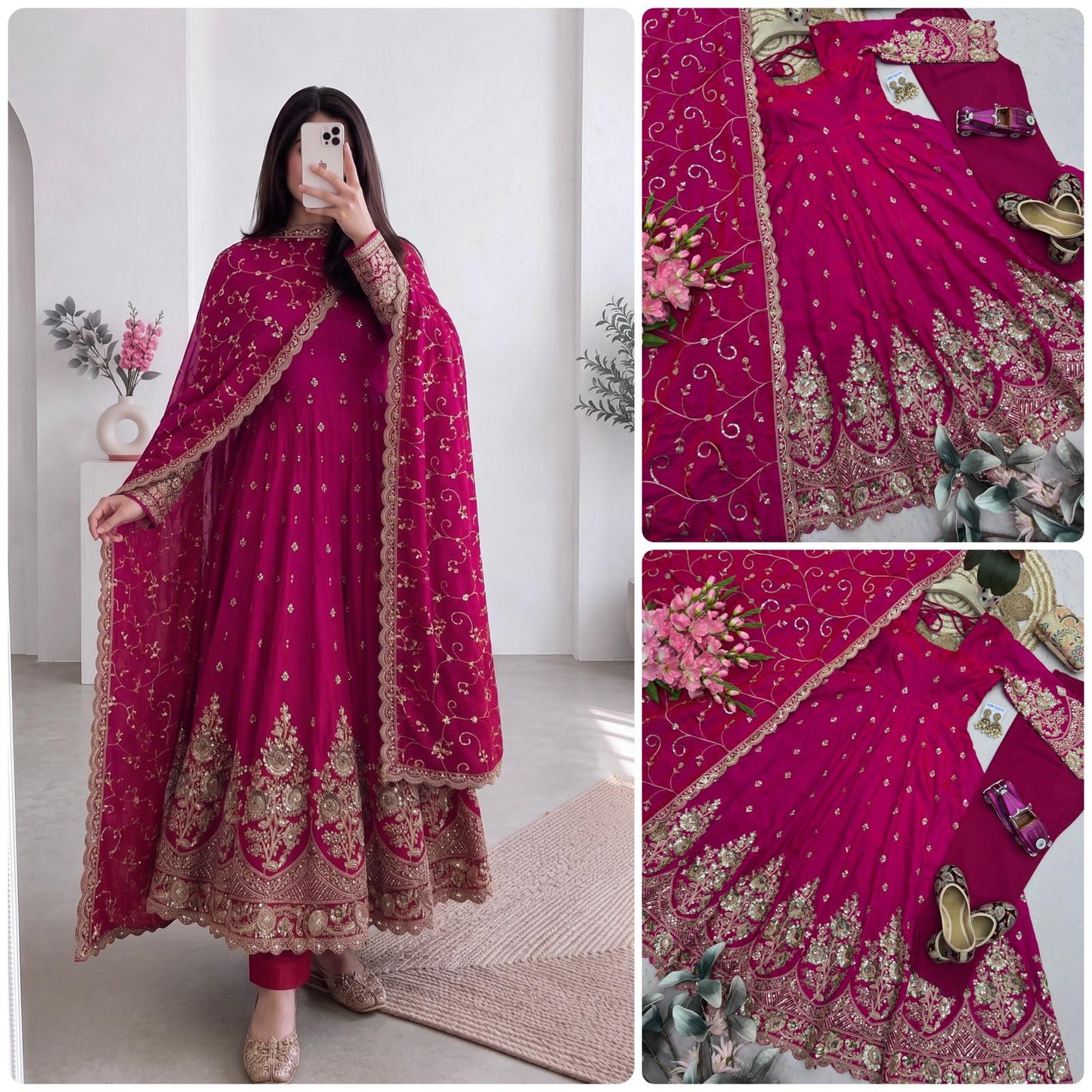 Pink Designer Heavy Jelly Shimmer Silk Embroidered Gown Set with Pant & Dupatta