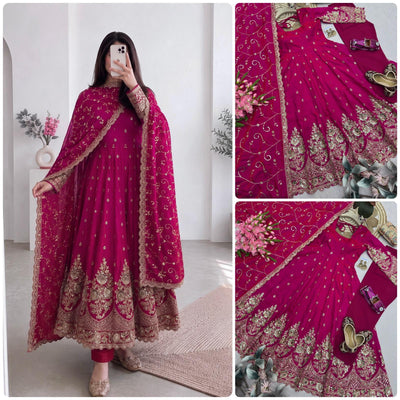 Pink Designer Heavy Jelly Shimmer Silk Embroidered Gown Set with Pant & Dupatta
