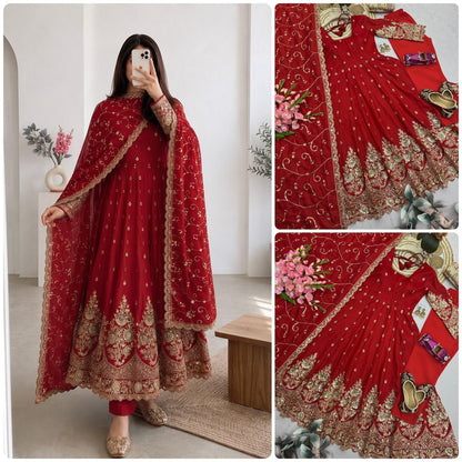 Red Designer Heavy Jelly Shimmer Silk Embroidered Gown Set with Pant & Dupatta