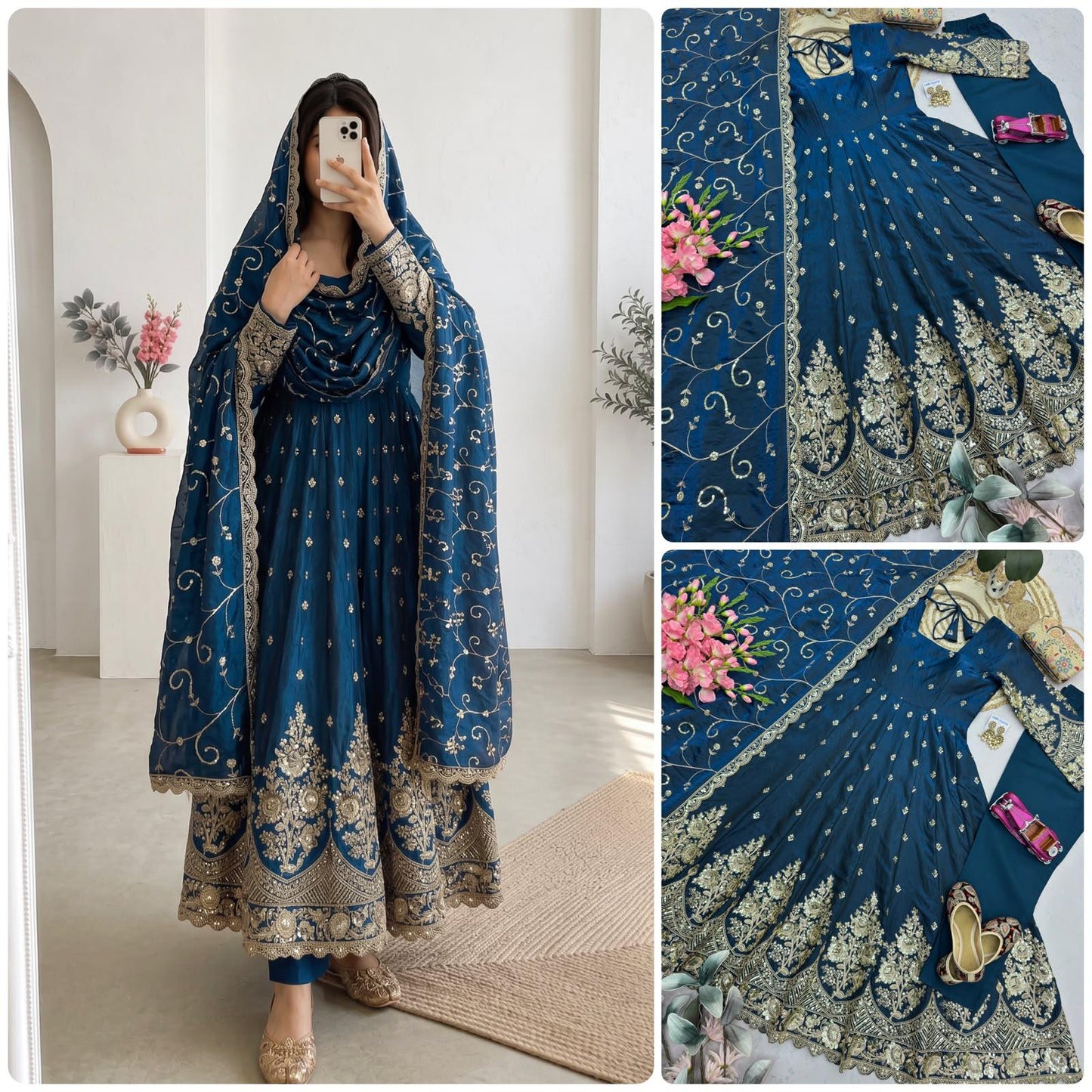 Deep Teal Blue Heavy Jelly Shimmer Silk Embroidered Gown Set with Pant & Dupatta