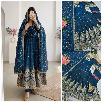 Deep Teal Blue Heavy Jelly Shimmer Silk Embroidered Gown Set with Pant & Dupatta