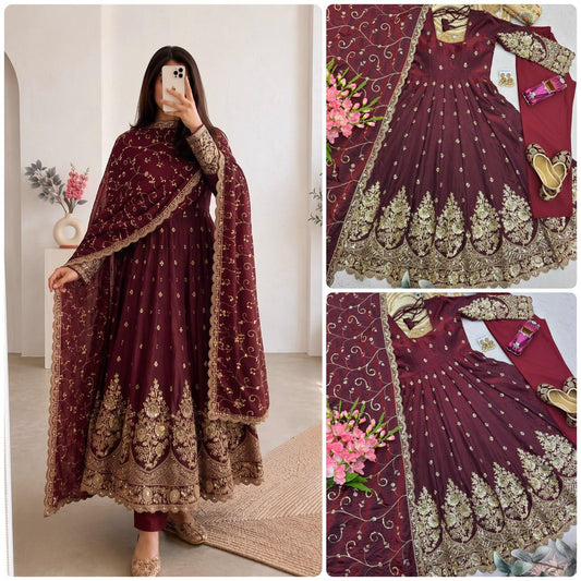 Maroon Designer Heavy Jelly Shimmer Silk Embroidered Gown Set with Pant & Dupatta