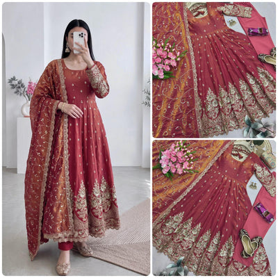 Dusty Rose Heavy Jelly Shimmer Silk Embroidered Gown Set with Pant & Dupatta