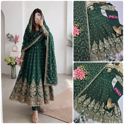 Dark Green Heavy Jelly Shimmer Silk Embroidered Gown Set with Pant & Dupatta