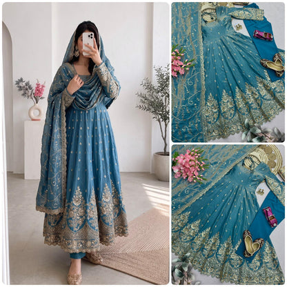 Dusty Steel Blue Heavy Jelly Shimmer Silk Embroidered Gown Set with Pant & Dupatta