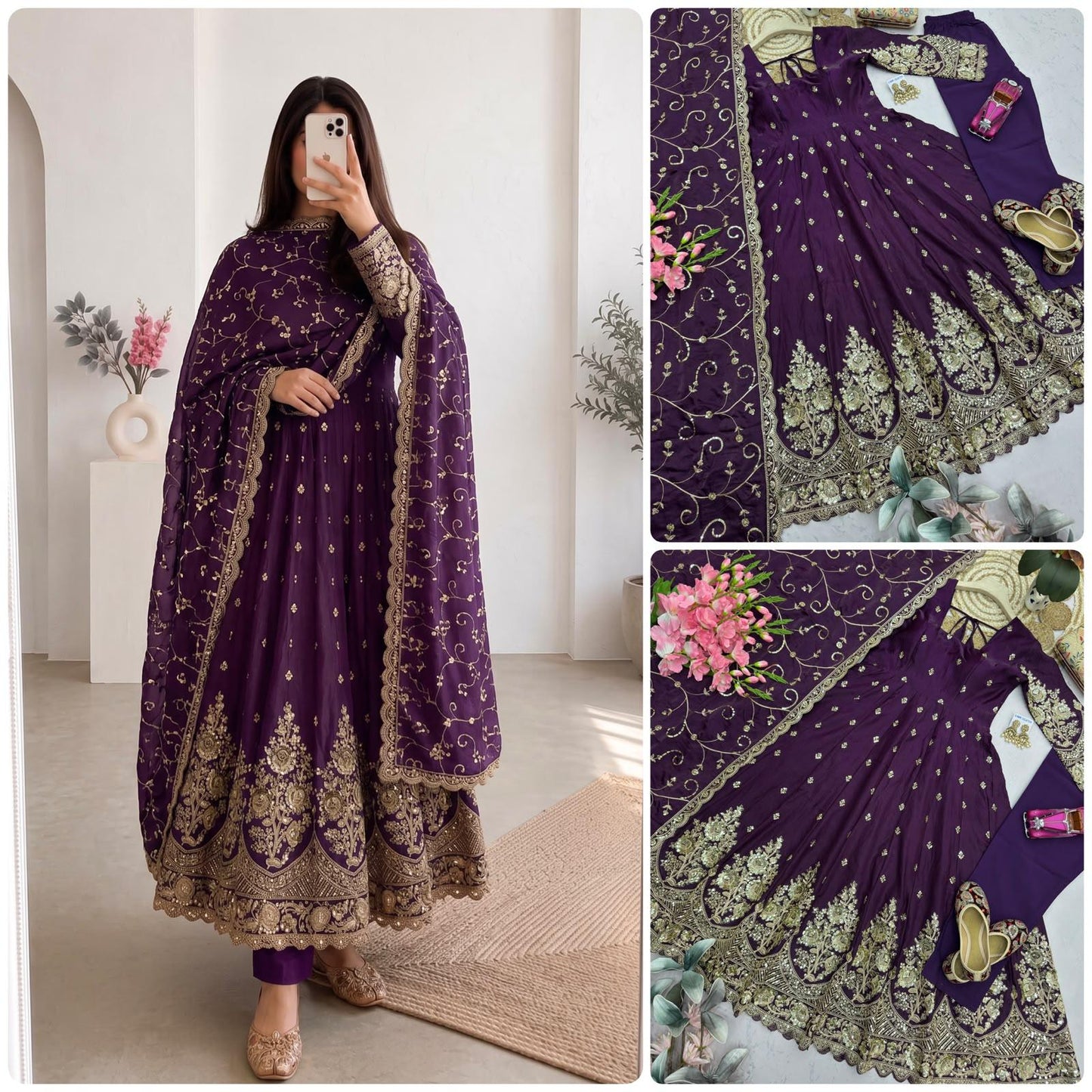 Deep Plum Purple Heavy Jelly Shimmer Silk Embroidered Gown Set with Pant & Dupatta