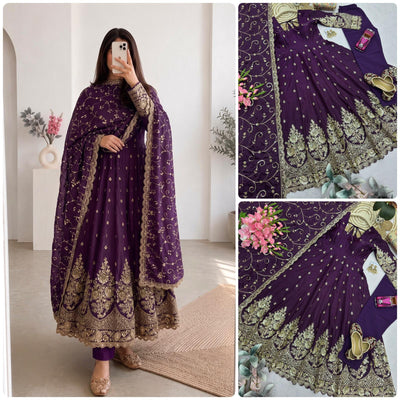 Deep Plum Purple Heavy Jelly Shimmer Silk Embroidered Gown Set with Pant & Dupatta
