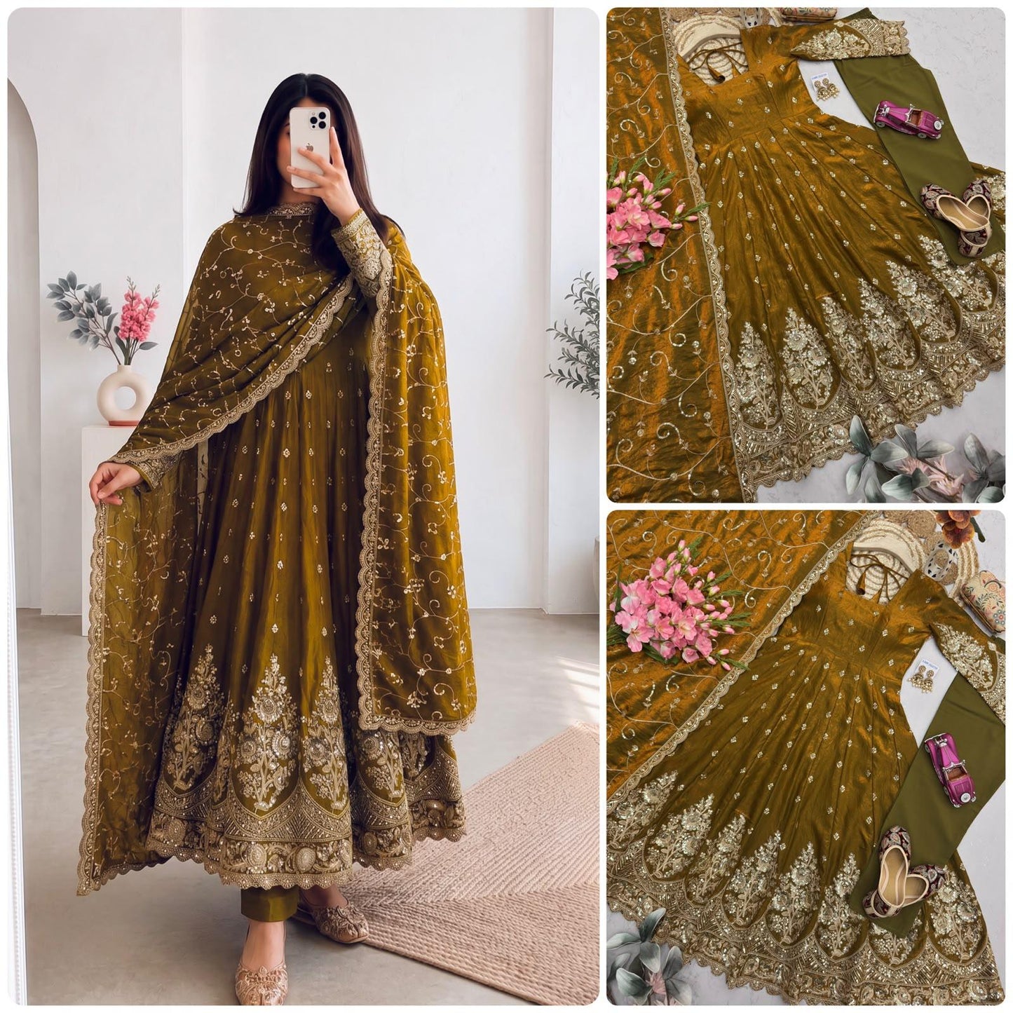Mustard Olive Heavy Jelly Shimmer Silk Embroidered Gown Set with Pant & Dupatta
