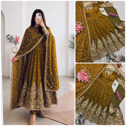 Mustard Olive Heavy Jelly Shimmer Silk Embroidered Gown Set with Pant & Dupatta