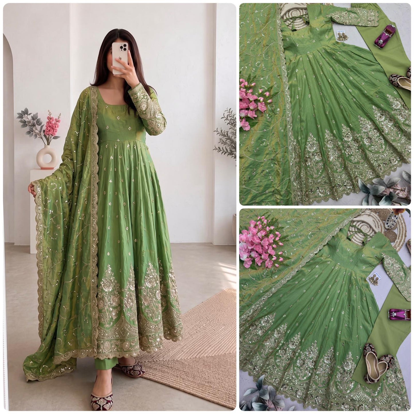 Pista Green Designer Heavy Jelly Shimmer Silk Embroidered Gown Set with Pant & Dupatta