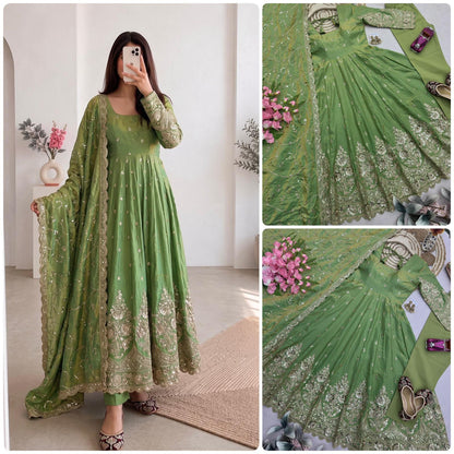 Pista Green Designer Heavy Jelly Shimmer Silk Embroidered Gown Set with Pant & Dupatta