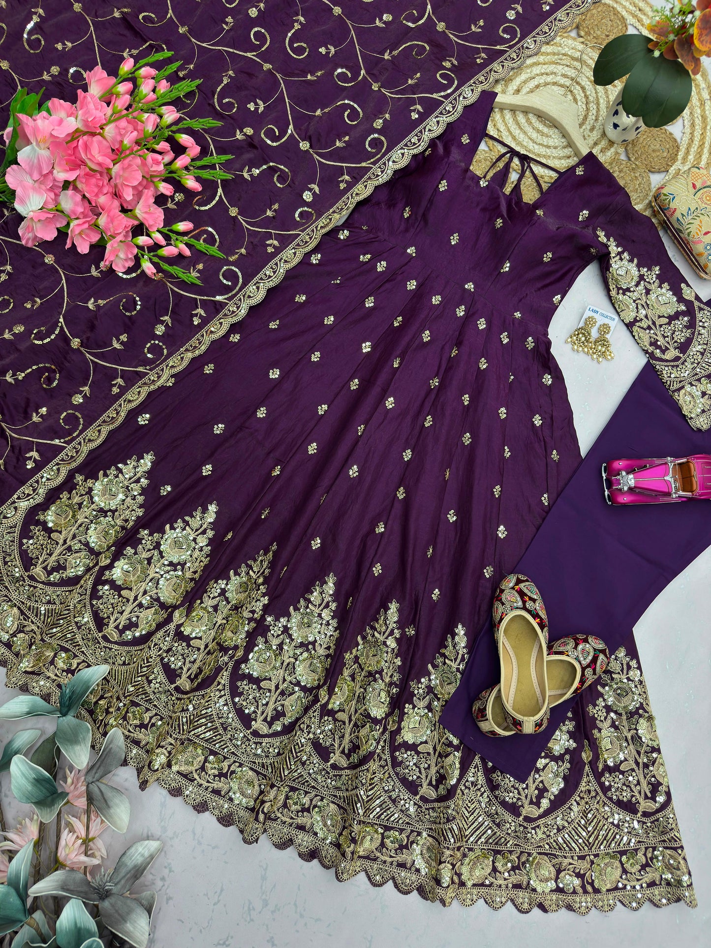 Deep Plum Purple Heavy Jelly Shimmer Silk Embroidered Gown Set with Pant & Dupatta