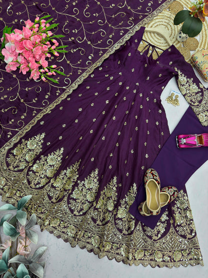 Deep Plum Purple Heavy Jelly Shimmer Silk Embroidered Gown Set with Pant & Dupatta