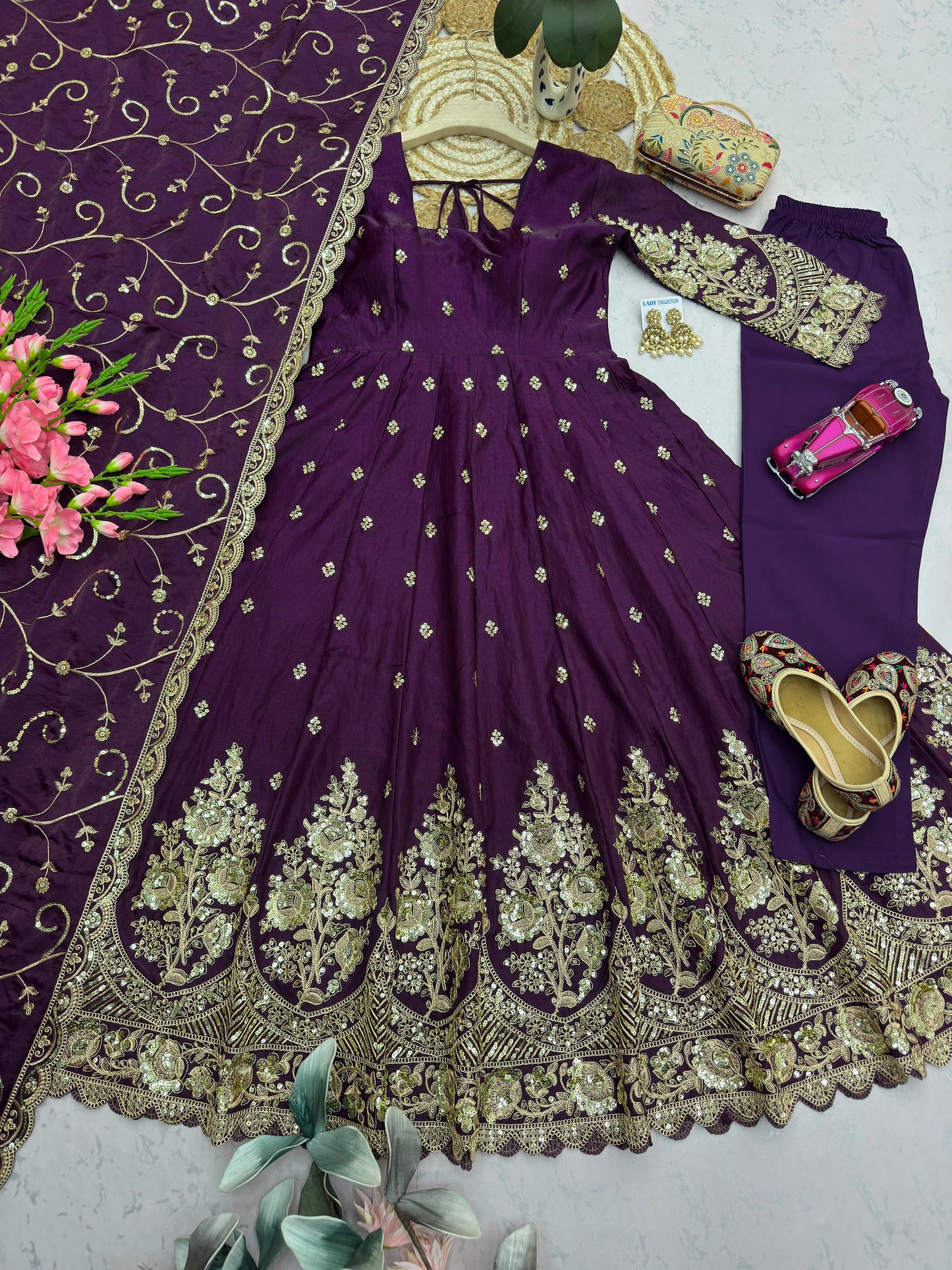 Deep Plum Purple Heavy Jelly Shimmer Silk Embroidered Gown Set with Pant & Dupatta
