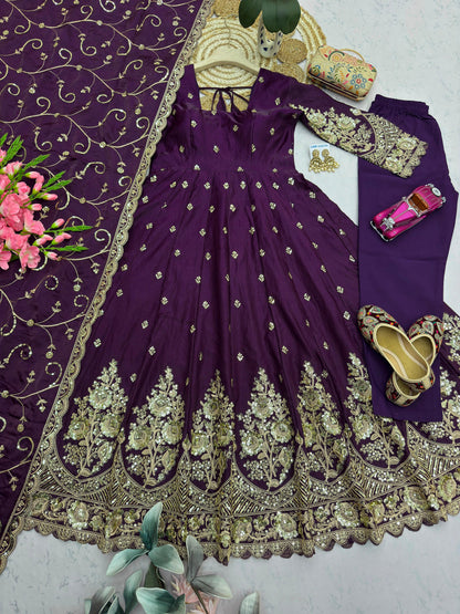 Deep Plum Purple Heavy Jelly Shimmer Silk Embroidered Gown Set with Pant & Dupatta
